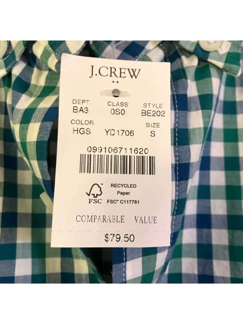 J.Crew Mens Flex Wash Gingham Check Plaid Button Down Shirt Small Green SP NWT